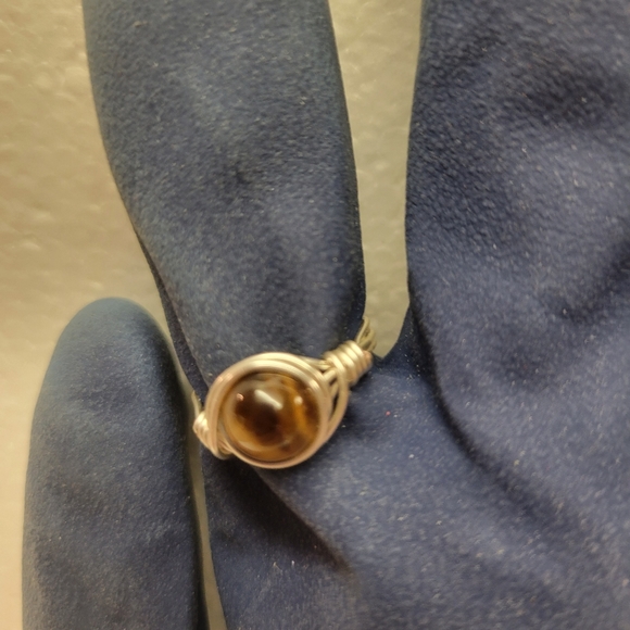 Silver Wire Wrapped and Natural Tiger Eye Bead Ring - Picture 2 of 6